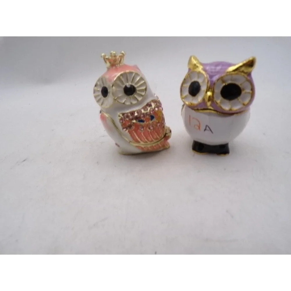 Set of 2 Owl‎ Trinket Boxes Enamel Rhinestone Bejeweled Hinged Jewelry Keepsake